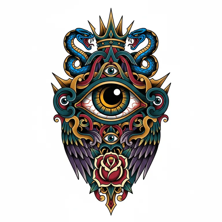 Evil Eye tattoo design, neo-traditional color style