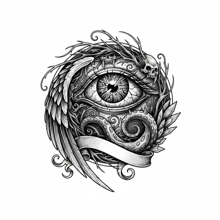 Evil Eye tattoo design, black and grey realism style