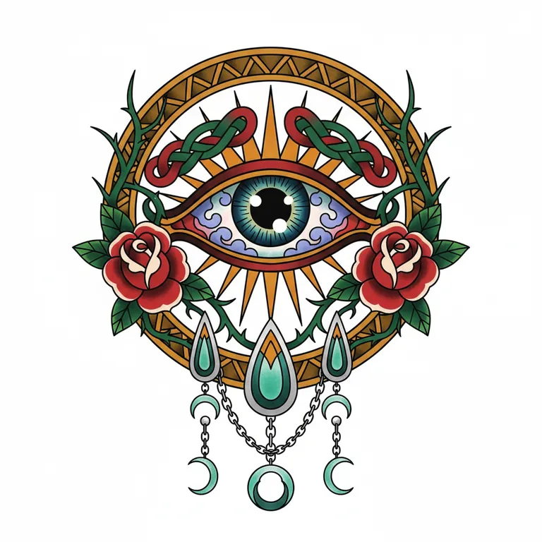 Evil Eye tattoo design, neo-traditional color style