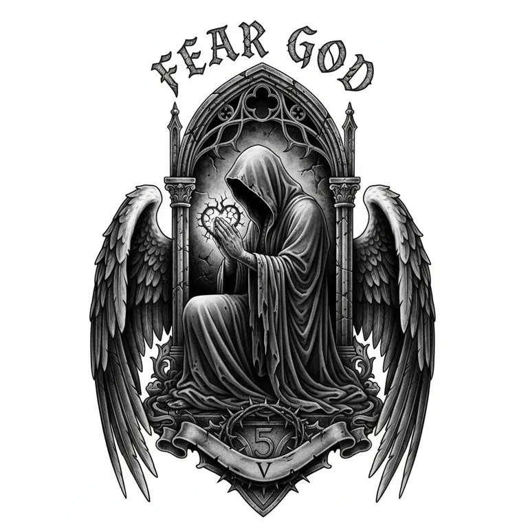 Fear God tattoo design, black and grey realism style