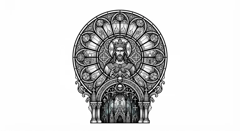 Fear God tattoo design, gothic stained-glass structure rendered in black ink style