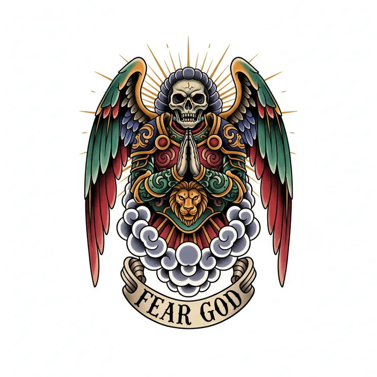 Fear God tattoo design, neo-traditional color style