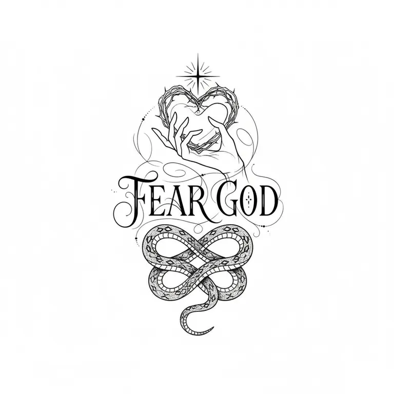 Fear God tattoo design, fine line black ink style