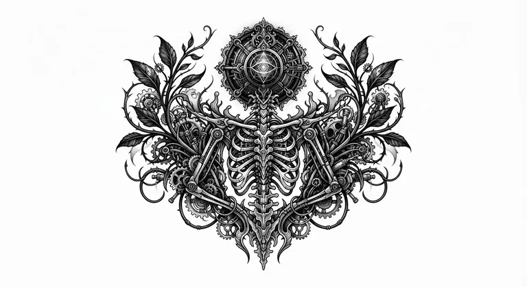 Fear God tattoo design, biomechanical botanical x-ray blackwork style