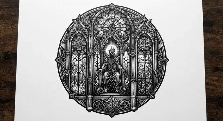 Fear God tattoo design, gothic stained-glass structure rendered in black ink style