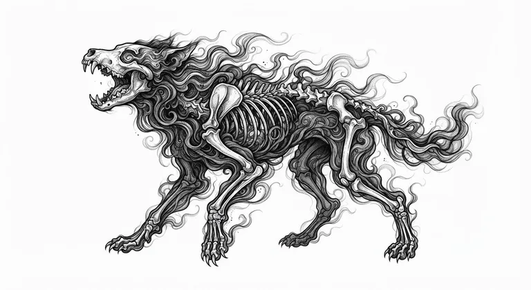 Fenrir tattoo design, smoke-formed anatomical etching style