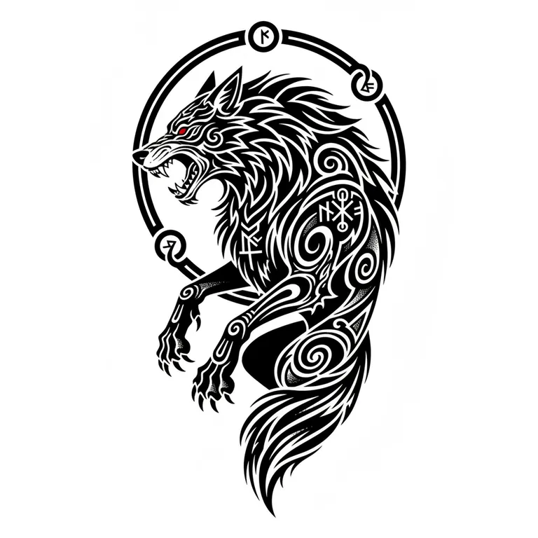 Fenrir tattoo design, bold blackwork style