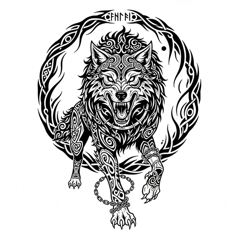Fenrir tattoo design, bold blackwork style