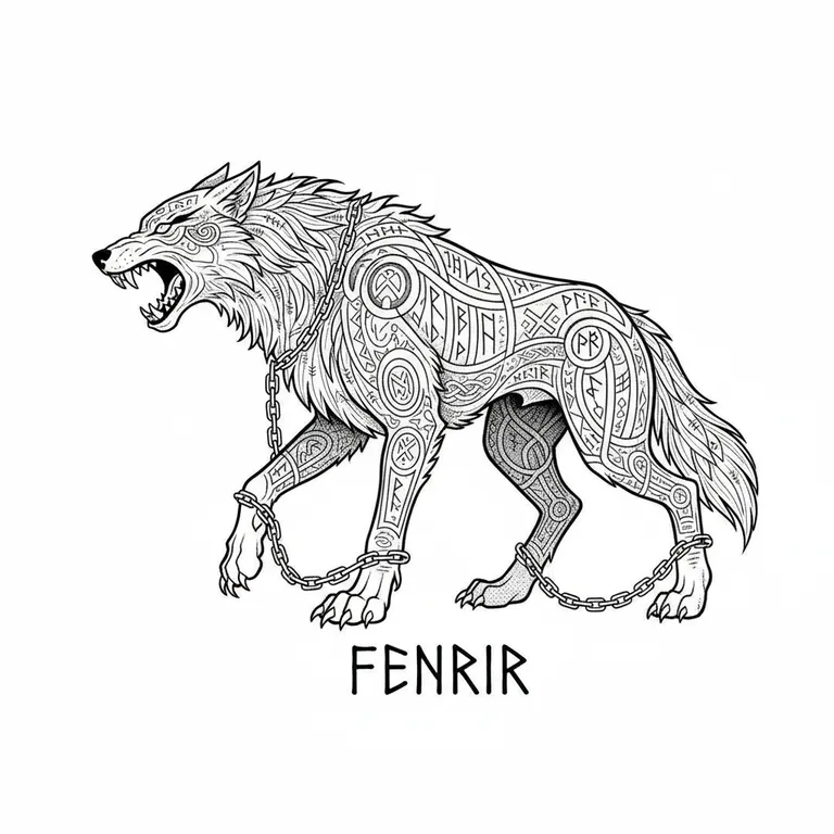 Fenrir tattoo design, fine line black ink style