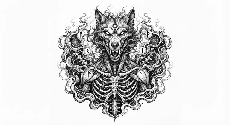 Fenrir tattoo design, smoke-formed anatomical etching style
