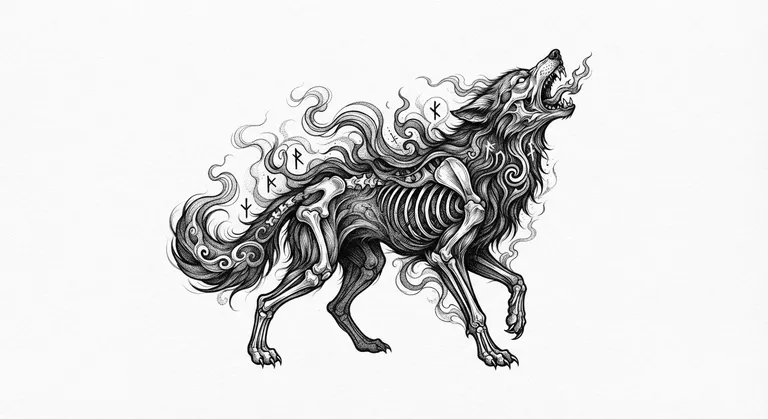 Fenrir tattoo design, smoke-formed anatomical etching style