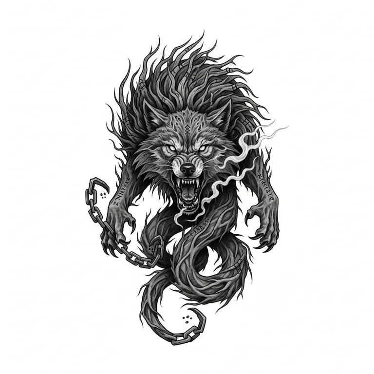 Fenrir tattoo design, black and grey realism style