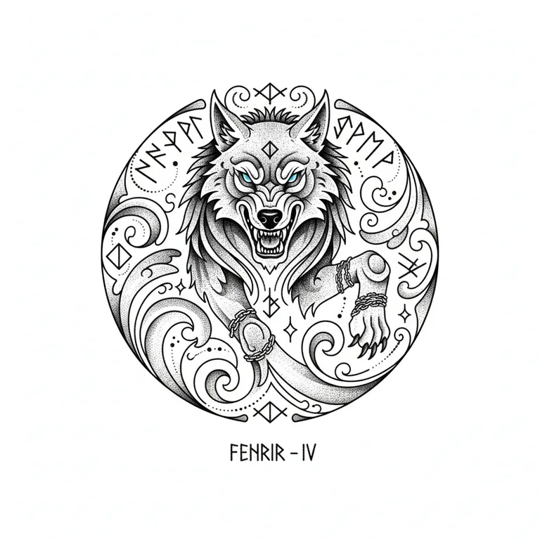 Fenrir tattoo design, dotwork shading style