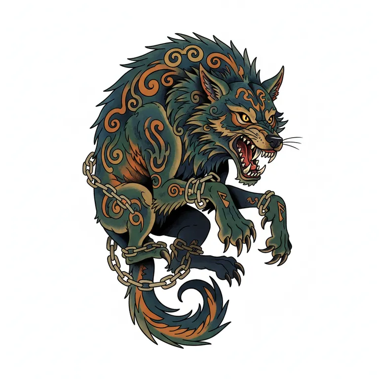 Fenrir tattoo design, neo-traditional color style