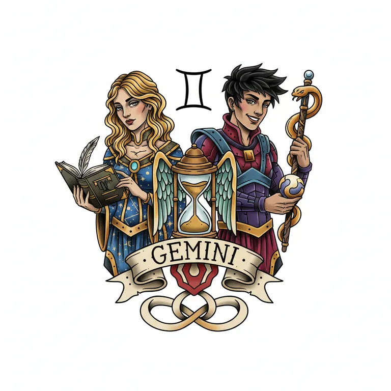 Gemini tattoo design, neo-traditional color style