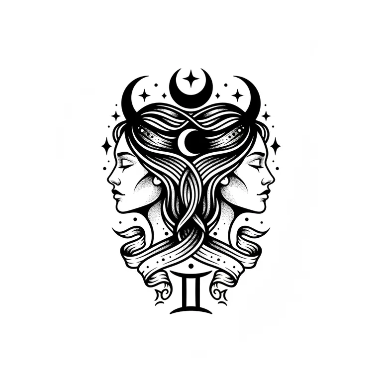 Gemini tattoo design, bold blackwork style