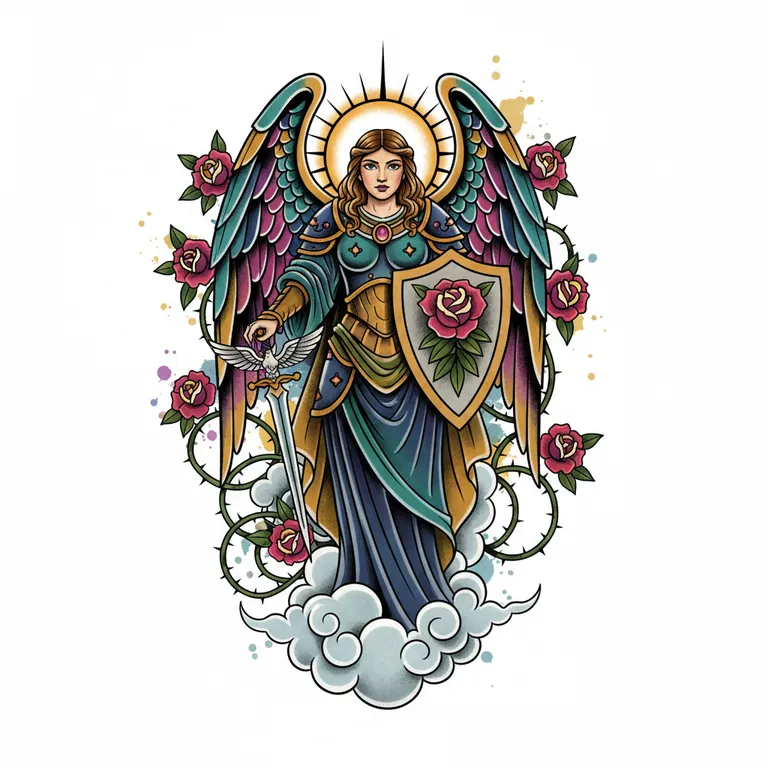 Guardian Angel tattoo design, neo-traditional color style