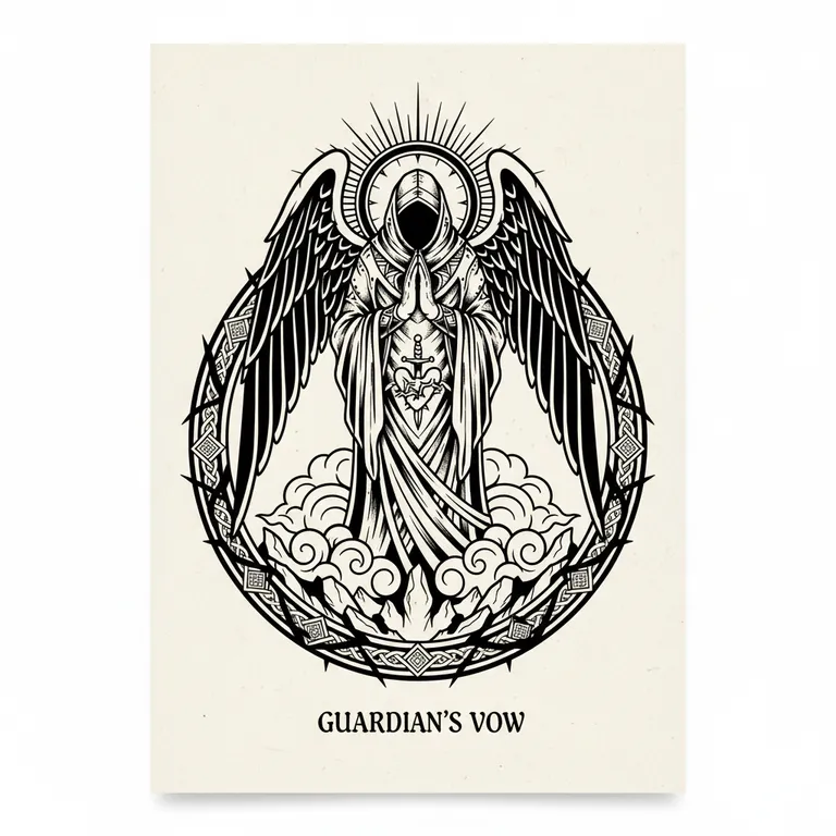 Guardian Angel tattoo design, bold blackwork style
