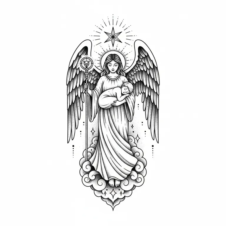 Guardian Angel tattoo design, dotwork shading style
