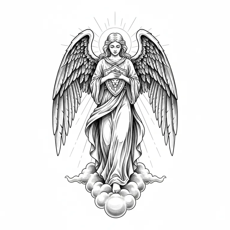 Guardian Angel tattoo design, black and grey realism style