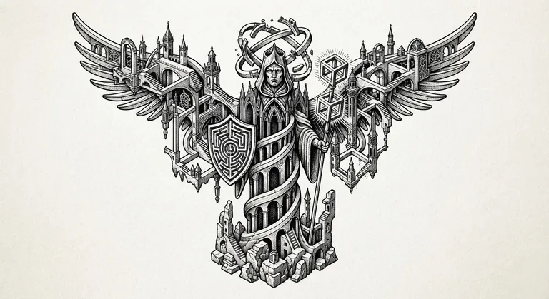 Guardian Angel tattoo design, impossible architecture engraving style