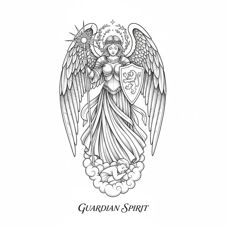 Guardian Angel tattoo design, fine line black ink style