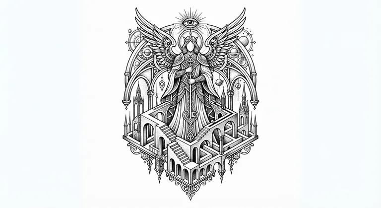 Guardian Angel tattoo design, impossible architecture engraving style