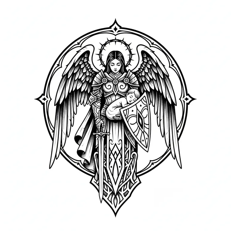 Guardian Angel tattoo design, bold blackwork style