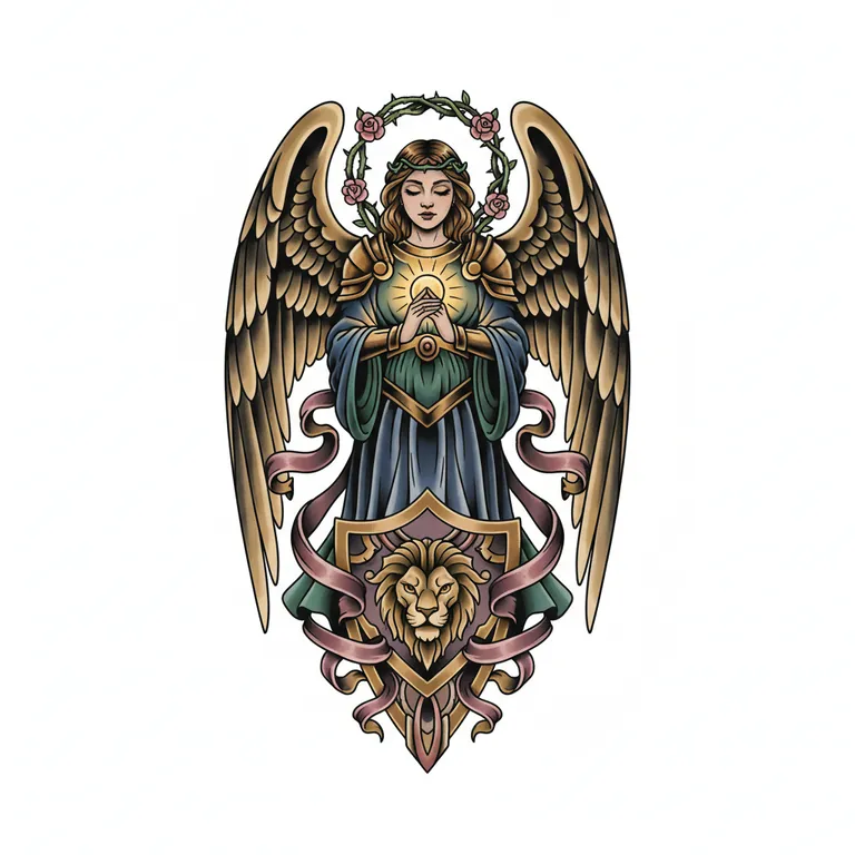 Guardian Angel tattoo design, neo-traditional color style