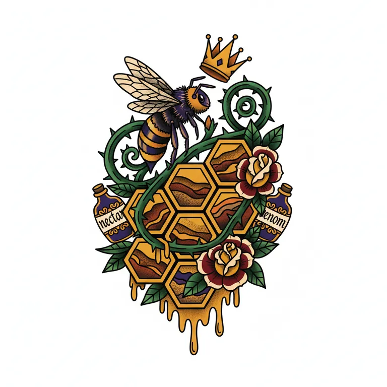 Honeycomb tattoo design, neo-traditional color style