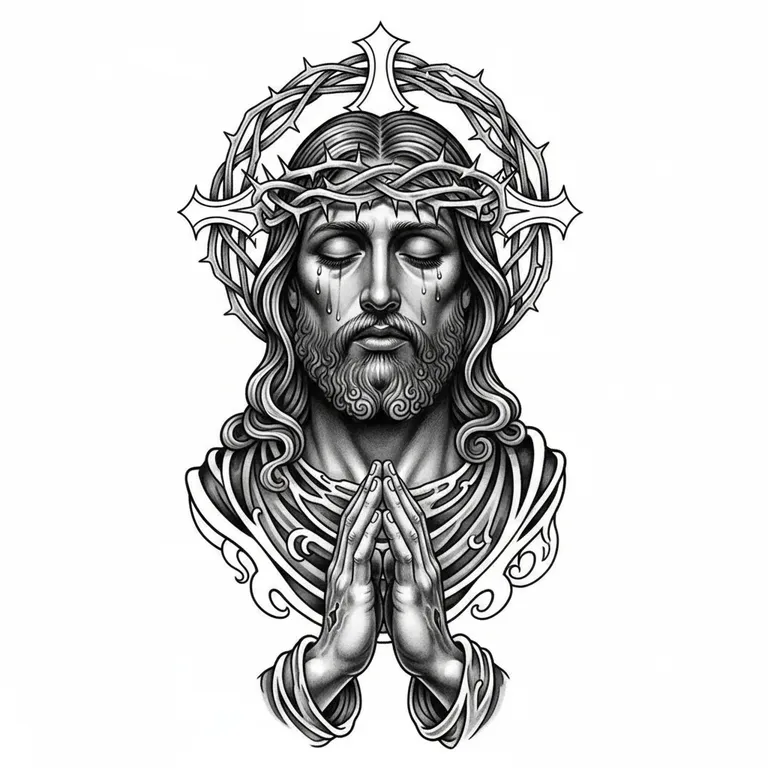Jesus tattoo design, black and grey realism style