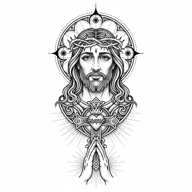 Jesus tattoo design, dotwork shading style