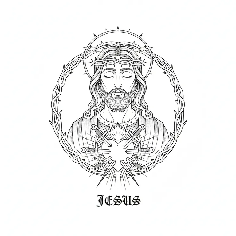 Jesus tattoo design, fine line black ink style
