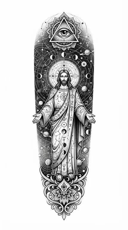 Jesus tattoo design, occult celestial cartography dotwork style
