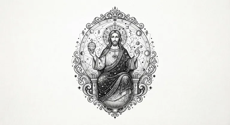 Jesus tattoo design, occult celestial cartography dotwork style