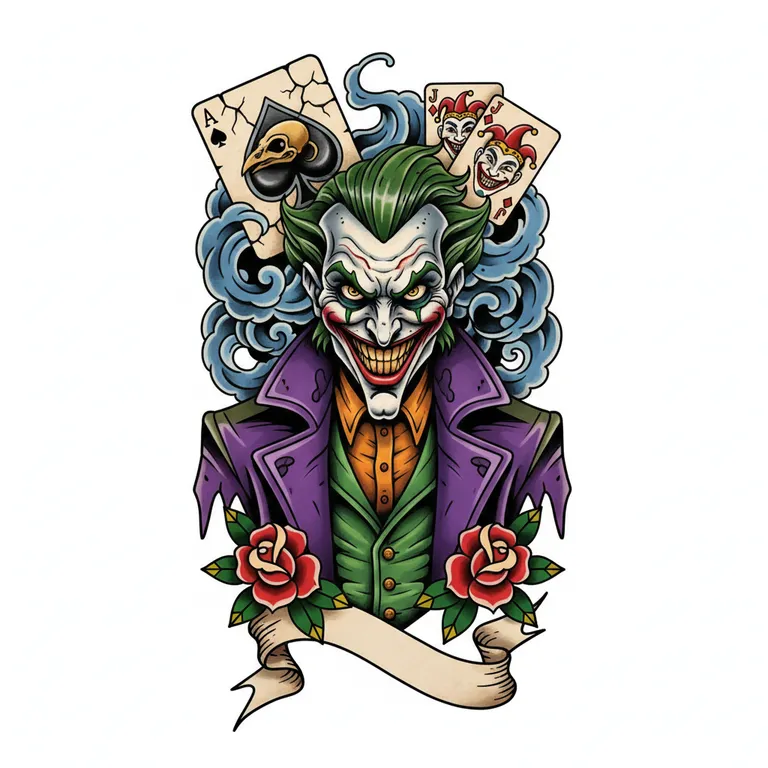 Joker tattoo design, neo-traditional color style