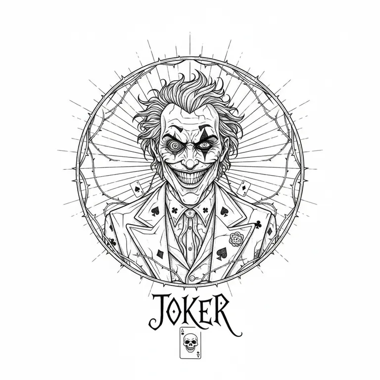 Joker tattoo design, fine line black ink style