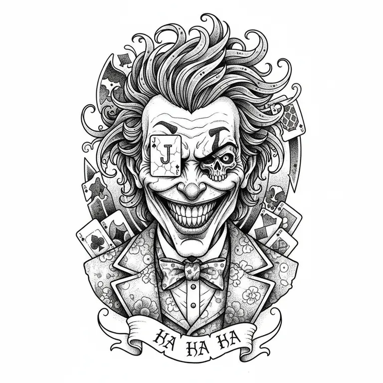 Joker tattoo design, dotwork shading style