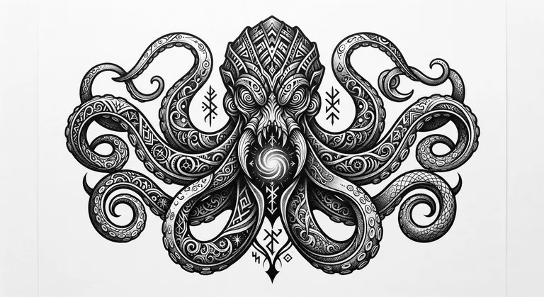 Kraken tattoo design, alien ornamental sigil blackwork style