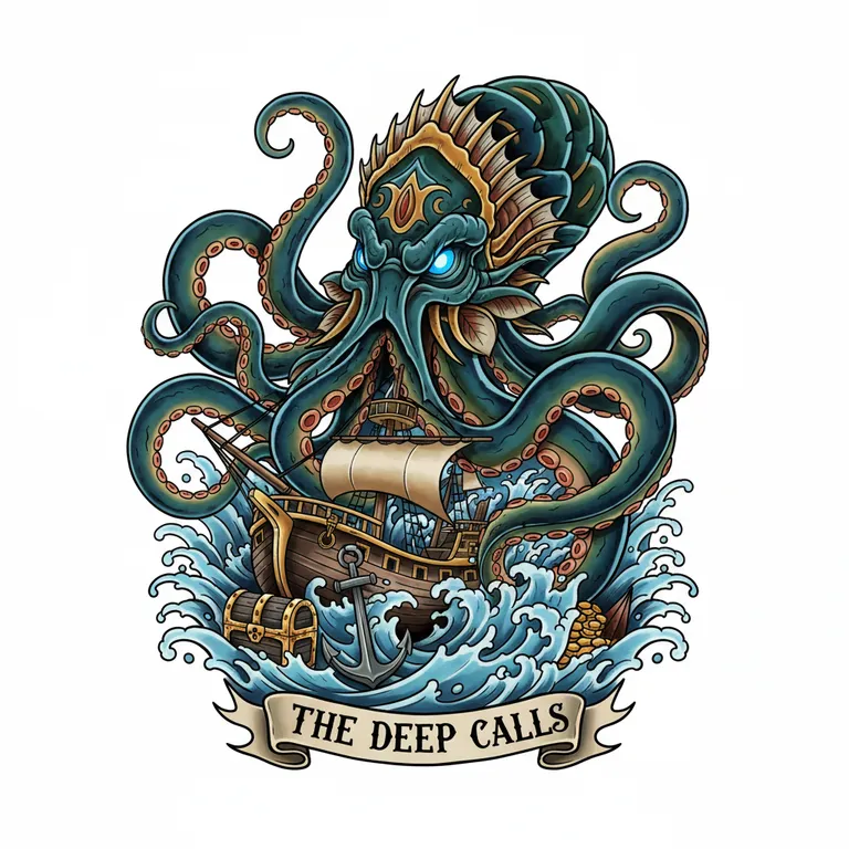 Kraken tattoo design, neo-traditional color style