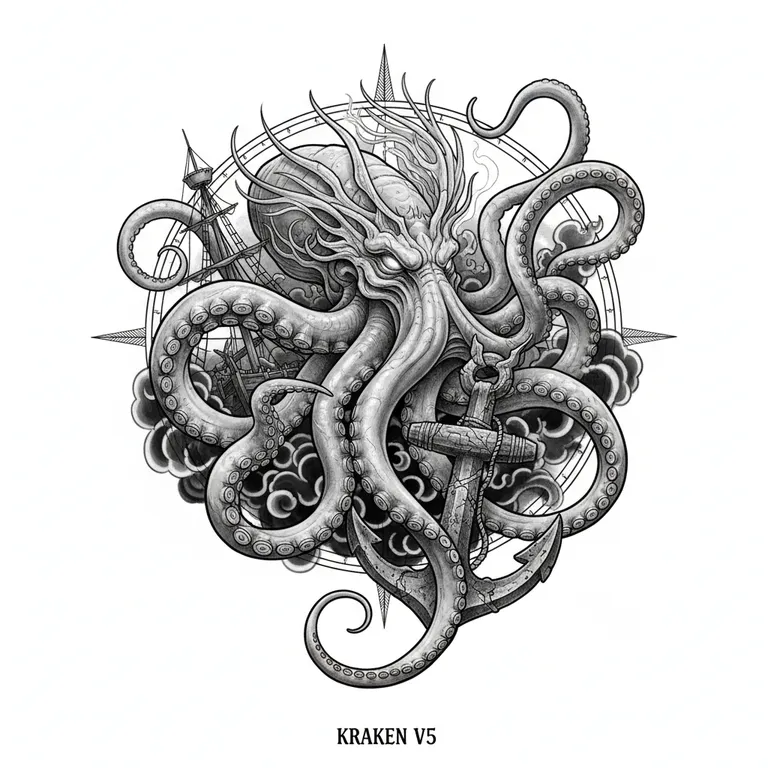 Kraken tattoo design, black and grey realism style
