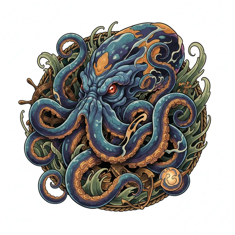 Kraken tattoo design, neo-traditional color style