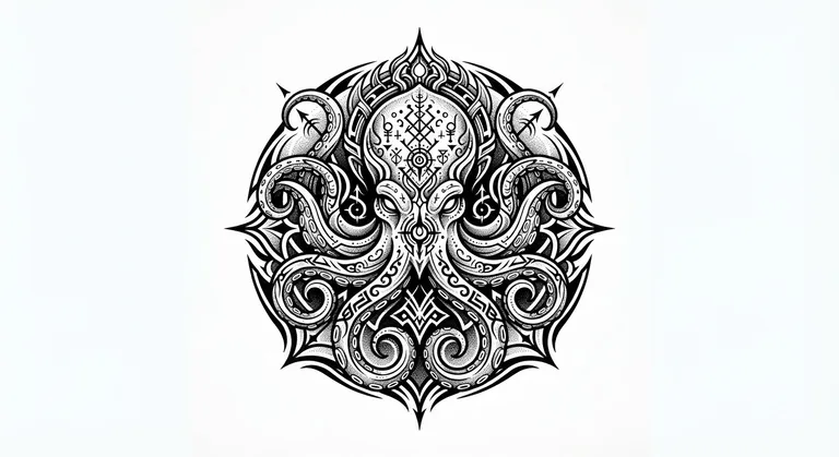 Kraken tattoo design, alien ornamental sigil blackwork style