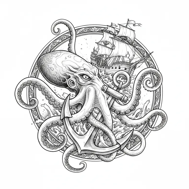 Kraken tattoo design, fine line black ink style