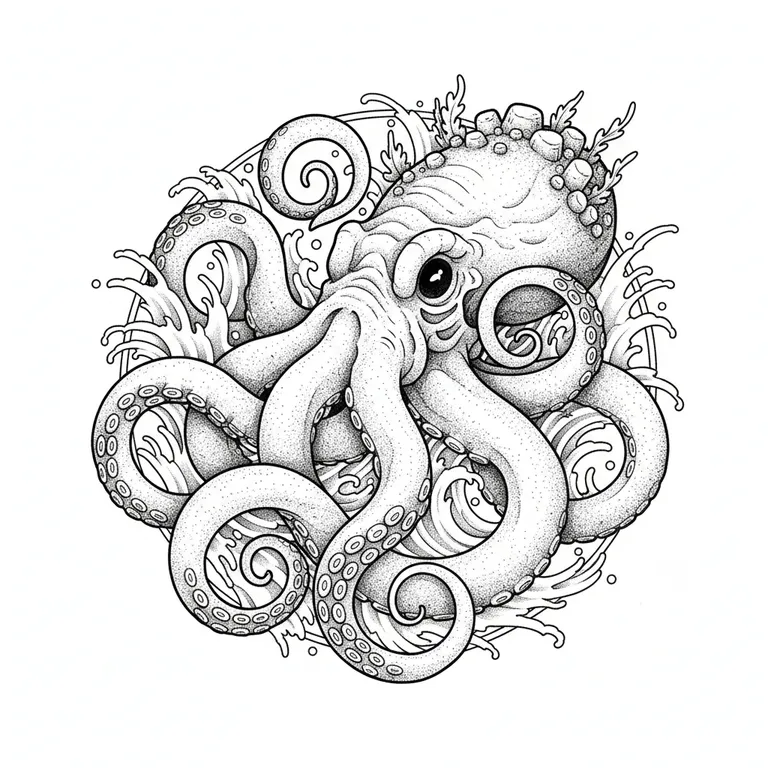 Kraken tattoo design, dotwork shading style