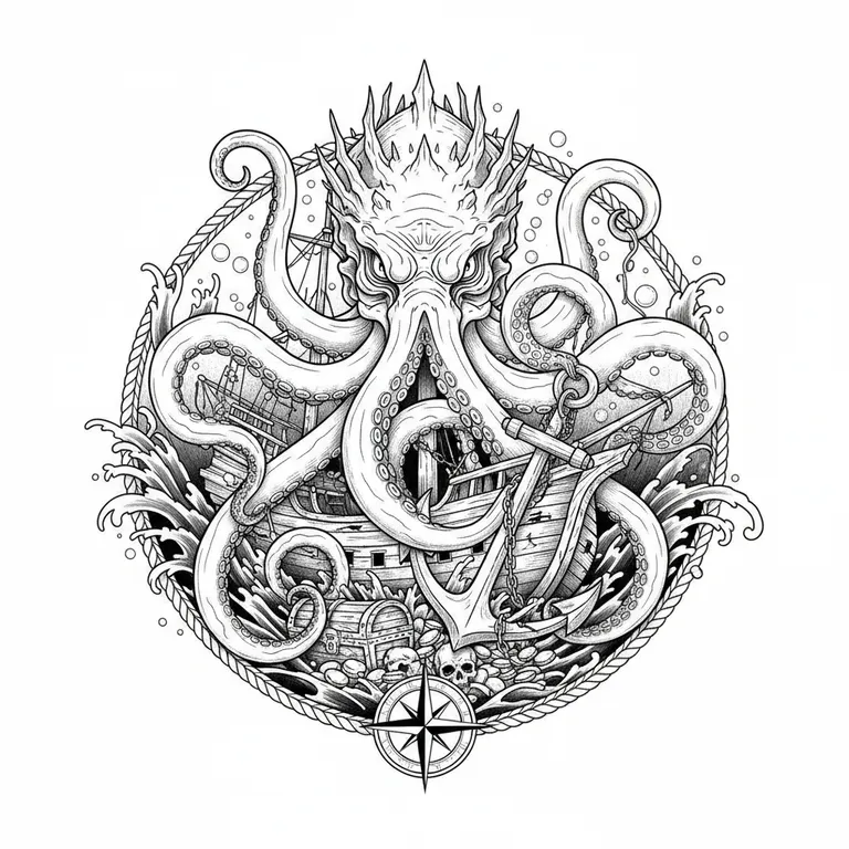Kraken tattoo design, fine line black ink style