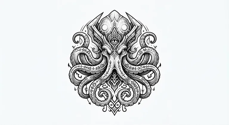 Kraken tattoo design, alien ornamental sigil blackwork style