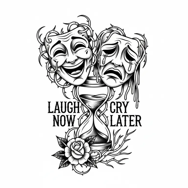 Laugh Now Cry Later tattoo design, bold blackwork style