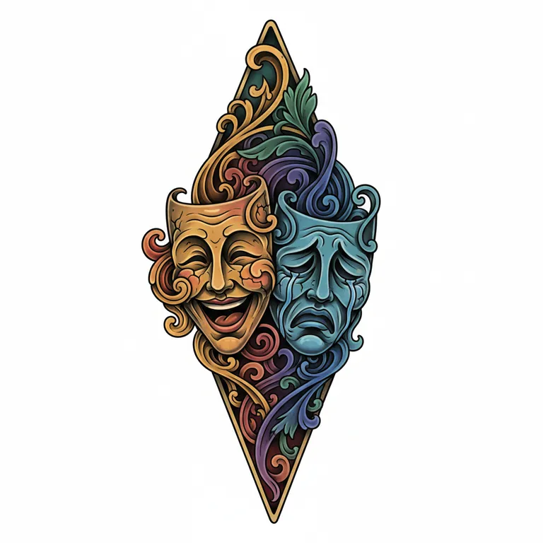 Laugh Now Cry Later tattoo design, art nouveau flowing color style