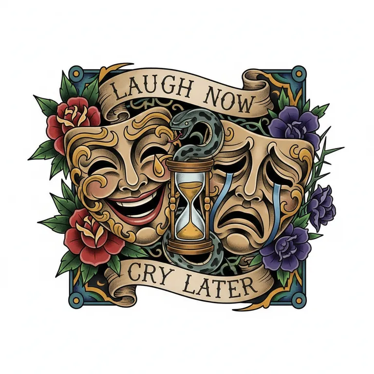 Laugh Now Cry Later tattoo design, neo-traditional color style